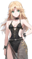 1girl black_one-piece_swimsuit blonde_hair bracelet breasts chain choker collarbone earrings fate/grand_order fate_(series) gluteal_fold green_eyes hand_on_own_hip highres jewelry lock long_hair mordred_(fate) one-piece_swimsuit padlock sarong see-through_clothes sidelocks simple_background small_breasts solo swimsuit thigh_gap tonee white_background wrist_cuffs