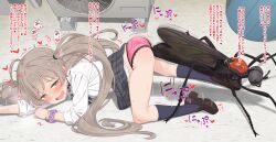 1girl all_fours ass-to-ass_penetration bestiality black_shoes black_skirt blue_socks bug clothing_aside commentary_request grey_hair hakozaki_serika heart heart-shaped_pupils highres idolmaster idolmaster_million_live! long_hair long_sleeves miniskirt neku_oneneko open_mouth paid_reward_available panties panties_aside pink_panties plaid_clothes plaid_skirt purple_scrunchie scrunchie sex_with_insects shirt shoes skirt socks sound_effects symbol-shaped_pupils top-down_bottom-up translation_request twintails underwear variant_set white_shirt wrist_scrunchie yellow_eyes