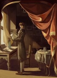 1boy absurdres antonio_salieri_(fate) antonio_salieri_(human)_(fate) ascot black_coat black_pants brown_eyes brown_hair brown_shoes capri_pants chair character_name coat cup curtains dated drawing_(object) fate/grand_order fate_(series) flower fringe_trim from_side full_body gloves hair_between_eyes hair_intakes hair_ribbon half_updo happy_birthday highres holding holding_paper indoors inkwell instrument jug_(bottle) kneehighs letter long_sleeves looking_at_viewer looking_to_the_side male_focus nekohai_darake pants paper piano picture_frame plate popped_collar purple_flower purple_rose quill ribbon rose saucer shadow sheet_music shirt shoes short_hair sleeve_cuffs smile socks solo standing table tablecloth teacup vase white_ascot white_gloves white_shirt white_socks window yellow_ribbon