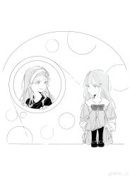 2girls absurdres aged_down bang_dream! bang_dream!_it&#039;s_mygo!!!!! bow bowtie chinese_commentary commentary_request dkl_(dinosaurkl2) dress greyscale hair_ornament hairband hairclip highres loafers long_hair monochrome multiple_girls nagasaki_soyo shirt shoes sitting wakaba_mutsumi