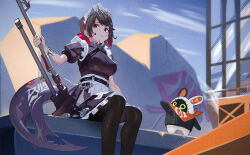 1girl bangboo_(zenless_zone_zero) black_hair black_pantyhose breasts colored_inner_hair ear_piercing ellen_joe fins fish_tail glassesman graffiti hashtag-only_commentary highres holding holding_weapon lollipop_in_mouth looking_at_viewer maid multicolored_hair outdoors pantyhose piercing red_eyes red_hair red_nails shark_girl shark_tail sitting tail two-tone_hair weapon zenless_zone_zero