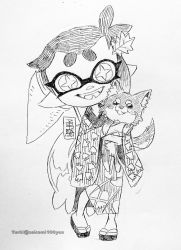 1girl :d aged_down animal animal_print callie_(splatoon) callie_(young)_(splatoon) chihuahua cross-shaped_pupils dog fangs full_body geta greyscale hair_ornament holding holding_animal inkling isamu-ki_(yuuki) japanese_clothes kimono leaf_hair_ornament looking_at_viewer mole mole_under_eye monochrome net nintendo open_mouth pointy_ears short_hair simple_background smile splatoon_(series) squid_print symbol-shaped_pupils teeth tentacle_hair traditional_media twitter_username white_background wide_sleeves