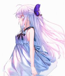 Rule 34 | 1girl, ahoge, black bow, black bowtie, black sailor collar, blue butterfly, blue eyes, bow, bowtie, bug, butterfly, butterfly hair ornament, closed mouth, ginka, hair ornament, highres, insect, looking to the side, sailor collar, shirt, simple background, solo, white hair, white shirt, ze ping45283