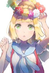 1girl anzu_(v0_0v_o0) bag blonde_hair blunt_bangs blush breasts collared_shirt comfey dress flower gen_7_pokemon green_eyes highres lillie_(pokemon) long_hair nintendo open_mouth pokemon pokemon_(creature) pokemon_sm ponytail shirt simple_background upper_body white_background white_shirt