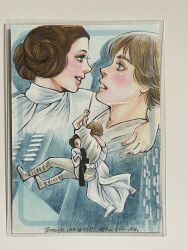1boy 1girl artist_name blonde_hair blue_eyes boots brother_and_sister brown_eyes brown_hair commission dress highres luke_skywalker multiple_views pants photo_(medium) princess_leia second-party_source siblings star_wars star_wars:_a_new_hope tomoko_taniguchi traditional_media tunic white_boots white_dress white_pants white_tunic