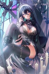 1girl another_project artist_request bilibili_commission black_boots black_bra black_hair black_thighhighs blue_eyes boots bra braid breasts candle chain chinese_commentary cleavage coif commentary_request commission cross cross_necklace crossed_bangs green_hair highres jewelry lace lace_bra large_breasts long_bangs looking_at_viewer multicolored_hair necklace niki_(vtuber) nun official_art pelvic_curtain signature single_braid solo streaked_hair sweat thighhighs tongue tongue_out two-tone_hair underwear virtual_youtuber