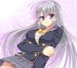 1girl ahoge arm_under_breasts ayachi_nene black_jacket blush bow bowtie breasts buttons closed_mouth commentary_request covered_erect_nipples cowboy_shot double-breasted drop_shadow dutch_angle eyes_visible_through_hair floating_hair fuyukichi_(nikoniko1567) grey_hair grey_sailor_collar grey_skirt hair_between_eyes highres impossible_clothes jacket large_breasts long_hair long_sleeves looking_at_viewer miniskirt plaid_clothes plaid_skirt pleated_skirt purple_background purple_eyes sailor_collar sanoba_witch school_uniform serafuku sidelocks simple_background skirt smile solo straight_hair very_long_hair yellow_bow yellow_bowtie