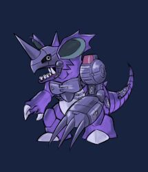 Rule 34 | blue background, claws, dark background, digimon, fusion, gen 1 pokemon, highres, horns, mas square, mechanical arms, metalgreymon, nidoking, nintendo, open mouth, pokemon, purple scales, sharp teeth, simple background, single horn, single mechanical arm, teeth