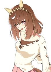 Rule 34 | 1girl, animal ears, braid, brown hair, buena vista (umamusume), casual, checkered hairband, commentary, ear covers, hair between eyes, hairband, highres, horse ears, horse girl, horse tail, long sleeves, looking at viewer, medium hair, pakarappakaratt, pink eyes, pink skirt, simple background, skirt, smile, solo, sweater, tail, umamusume, white background, white sweater
