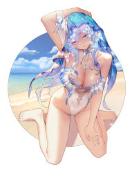Rule 34 | 1girl, alternate costume, arm up, bare legs, bare shoulders, blue hair, blue nails, blue sky, blue veil, breasts, closed mouth, collarbone, commentary, day, english commentary, fingernails, groin, highleg, highleg leotard, highres, ina (mikamixx), large breasts, legs, leotard, light blush, long hair, looking at viewer, nail polish, ocean, outdoors, purple eyes, see-through cleavage, see-through clothes, shore, shorekeeper (wuthering waves), sitting, sky, smile, solo, thighs, toenail polish, toenails, two-tone veil, veil, wariza, white leotard, white veil, wuthering waves
