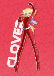 1girl absurdres andorudw arm_up artist_name blonde_hair blue_eyes bodysuit character_name clover_(totally_spies) commentary english_commentary full_body high_heels highres open_mouth red_background red_bodysuit short_hair smile solo totally_spies whoop_catsuit