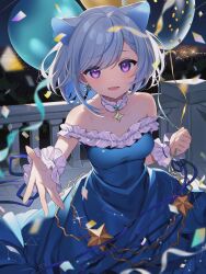Rule 34 | 1girl, animal ears, balloon, blue dress, blue hair, blurry, braid, breasts, choker, colored inner hair, commentary request, confetti, constellation print, depth of field, dress, earrings, frilled choker, frilled dress, frills, grey hair, highres, holding, holding balloon, iriam, jewelry, kan&#039;yu (citron 82), looking at viewer, miria (iriam), multicolored hair, outstretched arm, purple eyes, sleeve cuffs, sleeveless, sleeveless dress, solo, sparkle, streaked hair, streamers, two-tone hair, white choker