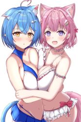 2girls ahoge animal_ear_fluff animal_ears antenna_hair asymmetrical_docking bikini bikini_skirt blue_skirt blush breast_press breasts cat_ears elf fang hair_ornament hairpin hakui_koyori hakui_koyori_(summer) heart heart_ahoge hololive large_breasts looking_at_viewer multiple_girls official_alternate_hair_length official_alternate_hairstyle open_mouth pink_hair pointy_ears purple_eyes sabamiso_(tomomon021831) skin_fang skirt smile swimsuit tail virtual_youtuber white_bikini white_skirt wolf_ears wolf_girl wolf_tail yukihana_lamy