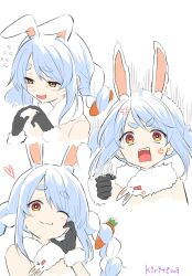 Rule 34 | 1girl, anger vein, animal ear fluff, animal ears, bare shoulders, black gloves, blue hair, braid, carrot hair ornament, clenched hand, commentary request, cropped torso, don-chan (usada pekora), finger touching, flying sweatdrops, food-themed hair ornament, fur-trimmed gloves, fur trim, gloves, hair ornament, highres, hololive, kiritoma, long hair, multicolored hair, multiple views, open mouth, rabbit ears, short eyebrows, signature, simple background, thick eyebrows, twin braids, twintails, two-tone hair, upper body, usada pekora, usada pekora (1st costume), virtual youtuber, white background, white hair