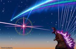 10s artist_name attack comet commentary_request diffraction_spikes giant giant_monster godzilla godzilla_(series) godzilla_(shin) kaiju kimi_no_na_wa. no_humans okeke192837 sharp_teeth shin_godzilla sky star_(sky) starry_sky teeth