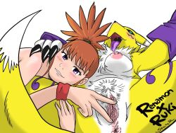 2girls anus blush blushing_female dead_source digimon digimon_tamers furry furry_female furry_with_non-furry happy interspecies looking_at_viewer makino_ruki multiple_girls nude open_mouth ponytail renamon short_hair smile specter tongue tongue_out white_background