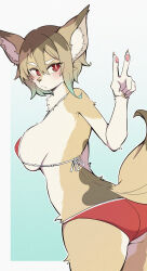 1girl absurdres animal_ear_fluff animal_ears bikini blush body_fur breasts brown_fur brown_hair coldsyrup from_behind furry furry_female gradient_background gradient_fur gradient_hair highres looking_back multicolored_hair neck_fur original pawpads red_eyes short_hair sideboob simple_background solo swimsuit tail tail_raised turning_head v