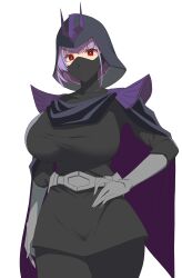 1girl absurdres alternate_hairstyle atlanta_(kancolle) belt breasts cape commentary_request cosplay elbow_gloves gloves grey_gloves gundam gundam_gquuuuuux hand_on_own_hip helmet highres kantai_collection kloah kycilia_zabi kycilia_zabi_(cosplay) large_breasts looking_at_viewer mask mouth_mask nazuka_kaori purple_cape purple_hair red_eyes solo white_background zeon