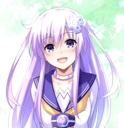 1girl arms_behind_back collar collarbone commentary_request d-pad d-pad_hair_ornament doria_(p_f_dolia) dress female_focus hair_between_eyes hair_ornament highres long_hair looking_at_viewer neckerchief nepgear neptune_(series) open_mouth purple_eyes purple_hair sailor_collar sailor_dress sidelocks smile solo white_dress yellow_neckerchief