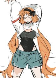 1girl arms_up black_bow black_hairband black_leotard blue_shorts bow breasts cleavage cropped_hoodie hair_bow hairband highleg highleg_leotard hood hoodie ishmael_(project_moon) jingshenhuanghu leotard limbus_company long_hair low_twintails medium_breasts orange_hair project_moon shorts solo stretching twintails very_long_hair