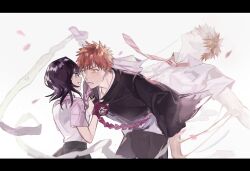 1boy 1girl black_hair black_kimono black_skirt bleach blush collared_shirt fingerless_gloves gloves highres japanese_clothes karakura_high_school_uniform kimono kuchiki_rukia kurosaki_ichigo looking_at_another necktie orange_eyes orange_hair purple_eyes red_necktie school_uniform shihakusho shirt short_hair single_fingerless_glove skirt smile spiked_hair white_shirt xiachbukeyiyubing