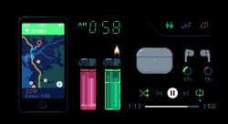 animated animated_gif battery_indicator black_background cellphone commentary english_commentary equipment_layout fire gps knolling lighter looping_animation map media_player_interface no_humans object_focus original phone pixel_art seven-segment_display simple_background single_flame smartphone timestamp toyoi_yuuta wireless_earphones
