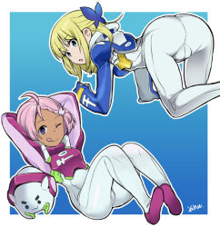 10s 2girls ahoge all_fours animal_helmet ass bad_id bad_pixiv_id bodysuit bow braid cameltoe dark_skin dark-skinned_female elena_peoples eureka_seven_(series) eureka_seven_ao feet fleur_blanc hair_bow unworn_headwear helmet unworn_helmet multiple_girls pink_hair saitou_yahu short_hair