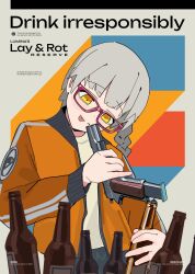 Rule 34 | 1girl, abstract background, absurdres, beer bottle, closed mouth, commentary, english commentary, english text, grey hair, gun, handgun, highres, holding, holding gun, holding weapon, jacket, long hair, m1911, open clothes, open jacket, orange jacket, original, polilla, solo, tongue, tongue out, weapon, yellow eyes