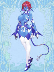 1girl aiz_gunafari animal_ears blue_background blue_skin blue_theme breasts colored_skin dairoku_ryouhei fuji_(tw) full_body highres large_breasts multicolored_hair navel purple_hair red_hair revealing_clothes solo standing streaked_hair thighhighs white_thighhighs