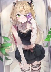 1girl absurdres alternate_costume asymmetrical_legwear bag belt black_bow black_skirt black_thighhighs blonde_hair bow brown_belt cellphone eyepatch fingernails fischl_(genshin_impact) fishnet_thighhighs fishnets garter_straps genshin_impact green_eyes hair_bow hand_on_own_thigh hand_up highres holding holding_phone leaning_forward long_hair looking_at_viewer midriff mirror mirror_selfie mismatched_legwear mochi_nabe navel parted_lips phone pink_nails reflection selfie single_garter_strap skirt smartphone solo taking_picture thighhighs two_side_up very_long_hair white_arm_warmers
