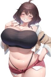 1girl absurdres ahoge black_bra black_panties blush bra breasts brown_hair cleavage closed_eyes collarbone cropped_jacket grin hair_between_eyes hand_on_own_hip highleg highleg_panties highres huge_breasts insomnia-chan jacket kay_yu lace lace-trimmed_bra lace-trimmed_panties lace_trim lips medium_hair micro_shorts navel original panties plump red_shorts shorts simple_background skindentation smile solo string_panties underwear v white_background