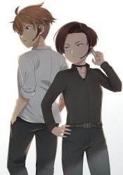2girls absurdres belt black_choker black_pants black_shirt brown_eyes brown_hair choker hand_up hands_in_pockets harukawa_fuki headset highres komiya_harumoto light_brown_hair long_sleeves lycoris_recoil multiple_girls otome_sakura pants shirt short_hair standing white_shirt