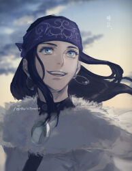 Rule 34 | 1girl, aged up, asirpa, black hair, blue eyes, cape, earrings, eyelashes, fur cape, golden kamuy, headband, highres, jewelry, long hair, open mouth, outdoors, plytometo, solo, teeth, upper body