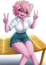 Rule 34 | 1girl, absurdres, aqua skirt, artist name, ashido mina, bare legs, black sclera, blush, boku no hero academia, breasts, cleavage, collarbone, colored sclera, colored skin, double v, eyebrows, feet out of frame, female focus, hands up, hassylep, highres, horns, looking at viewer, medium breasts, on table, open mouth, pink hair, pink skin, school uniform, shirt, short hair, short sleeves, simple background, sitting, skirt, smile, solo, table, teeth, thighs, upper teeth only, v, wavy hair, white background, white shirt, yellow eyes