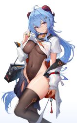 1girl absurdres ahoge akasha_terminal alternate_costume arm_at_side bag bell black_bag black_choker black_skirt blue_hair breasts brown_leotard brown_thighhighs choker cleavage closed_mouth clothes_lift commentary covered_navel crop_top crossed_bangs feet_out_of_frame fingernails ganyu_(genshin_impact) genshin_impact goat_horns gradient_eyes hair_between_eyes hair_ornament hairclip highres holding horns jacket jewelry kiriko_(araragikoyomi) large_breasts leotard leotard_under_clothes lifting_own_clothes long_fingernails long_hair long_sleeves looking_at_viewer multicolored_eyes nail_polish neck_bell neckerchief off_shoulder open_clothes open_jacket open_skirt panties panties_around_leg pleated_skirt ponytail purple_eyes red_neckerchief ring school_bag school_uniform see-through_clothes serafuku shiny_skin shirt shirt_lift short_sleeves shoulder_bag simple_background skirt skirt_around_one_leg smile solo tassel tattoo thighhighs thighs underwear undressing very_long_hair vision_(genshin_impact) wet wet_clothes wet_shirt white_background white_jacket white_shirt wristband yellow_nails