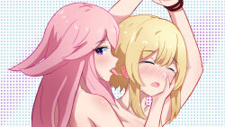 2girls absurdres bdsm blonde_hair bondage bound crying dominance dser5358 genshin_impact highres lumine_(genshin_impact) multiple_girls nude pink_hair tears tongue tongue_out yae_miko yuri