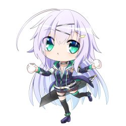 1girl black_choker black_socks breasts brown_skirt character_request chibi choker coat collared_shirt commentary_request dual_wielding expressionless food food_bite full_body green_eyes hair_ornament hairclip holding hop_step_jumpers lets0020 long_hair looking_at_viewer miniskirt open_mouth purple_coat purple_shoes shirt shoes simple_background skirt small_breasts sneakers socks solo steamed_bun transparent_background very_long_hair walking white_hair white_shirt