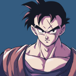 1boy aqua_background black_eyes black_hair blue_shirt boriroba collarbone commentary_request dougi dragon_ball dragonball_z highres looking_at_viewer looking_to_the_side male_focus muscular muscular_male orange_dougi scar scar_across_eye scar_on_face shirt short_hair solo son_gohan son_gohan_(future) spiked_hair toriyama_akira_(style) upper_body