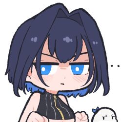... 1girl bare_arms bare_shoulders black_hair blue_eyes blue_hair boros_(ouro_kronii) breasts chibi chibi_only clenched_hands colored_inner_hair commentary english_commentary frown glaring hair_intakes hololive hololive_english jitome multicolored_hair open_mouth oscar_get ouro_kronii ouro_kronii_(1st_costume) short_hair simple_background sleeveless solo two-tone_hair underboob virtual_youtuber white_background zipper zipper_pull_tab