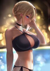 Rule 34 | absurdres, bikini, black bikini, black choker, blonde hair, blush, braid, braided bun, breasts, choker, cleavage, cleavage cutout, closed mouth, clothing cutout, collarbone, commentary request, ear piercing, earrings, evelyn chevalier, hair bun, hand on own head, highres, huyuking2021, jewelry, large breasts, looking at viewer, mole, mole under eye, navel, piercing, pool, purple eyes, side-tie bikini bottom, smile, solo, standing, swimsuit, wet, zenless zone zero