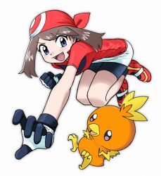 1girl :d bandana bike_shorts black_gloves black_shorts blue_eyes brown_hair fangs full_body gen_3_pokemon gloves highres may_(pokemon) n_r1115 nintendo open_mouth pokemon pokemon_(creature) pokemon_adventures red_bandana red_shirt red_shoes shirt shoes short_hair short_sleeves shorts smile torchic twitter_username two-tone_gloves white_background white_gloves