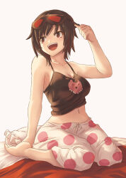 1girl :d bare_arms barefoot black_hair breasts brown_eyes cleavage eye_mask medium_breasts midriff moai_(moai_world) navel open_mouth pants polka_dot_pants ruby_rose rwby short_hair sitting sketch sleepwear smile solo stomach tank_top wariza white_background white_pants