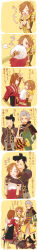 Rule 34 | armor, breasts, brown eyes, brown hair, cleavage, comic, fan, fukushima masanori, headdress, headpat, hug, hug from behind, ishida mitsunari, ishida mitsunari (sengoku musou), japanese text, kato kiyomasa, nene, nene (sengoku musou), scarf, scythe, sengoku musou, thigh strap, topknot, weapon, white hair