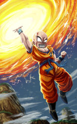 1boy anger_vein angry bald bald_male blood blood_on_face cloud cloudy_sky dragon_ball flying kienzan kuririn lightning mountain muscular muscular_male powering_up sky solo torn_clothes