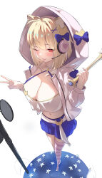 1girl animal_ear_fluff animal_ears arcueid_brunestud blonde_hair blue_skirt blush bow breasts camisole cat_ears choker cleavage crescent crescent_hair_ornament crop_top crop_top_overhang fate/grand_order fate_(series) full_body hair_ornament headphones highres hood hooded_jacket jacket large_breasts long_sleeves looking_at_viewer miniskirt navel one_eye_closed phantas-moon phantas-moon_(second_ascension) purple_thighhighs red_eyes short_hair skirt smile solo striped_clothes striped_thighhighs thighhighs tongue tongue_out umi_endu wand white_camisole white_jacket