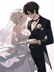 1boy 1girl alternate_costume belt black_bow black_bowtie black_hair black_pants black_suit bow bowtie bridal_gauntlets bridal_veil brooch couple cowboy_shot dress faust_(project_moon) flower_brooch formal_clothes gloves hand_on_another&#039;s_back height_difference hetero highres holding_hands jewelry limbus_company pants past_desiderium project_moon shirt short_hair simple_background suit veil wedding_dress white_background white_dress white_gloves white_hair white_shirt yi_sang_(project_moon)