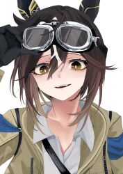 1girl animal_ears armband black_hair brown_hair gloves goggles goggles_on_head gradient_eyes gradient_hair hair_between_eyes highres horse_ears horse_girl long_hair multicolored_eyes multicolored_hair parted_lips red_pupils shirt solo stay_gold_(umamusume) toa510 umamusume upper_body white_hair