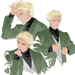 1boy black_shirt blonde_hair blue_eyes char_aznable green_jacket gundam gundam_gquuuuuux hair_slicked_back highres jacket long_sleeves male_focus multiple_views nomaumona shirouzu_(gundam) shirt short_hair simple_background solo_focus turtleneck white_background