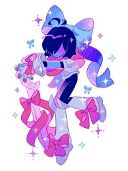 Rule 34 | 1other, :|, armor, armored boots, armored gloves, black bodysuit, black hair, blue bow, blue skin, bob cut, bodysuit, boots, bow, closed mouth, colored skin, commentary, deltarune, fingerless gloves, footwear bow, full body, g c hori, glove bow, gloves, grey boots, grey gloves, hair bow, highres, holding, holding sword, holding weapon, knee boots, knees together feet apart, kris (dark world) (deltarune), kris (deltarune), nail polish, no eyes, other focus, pink bow, pink nails, pink scarf, scarf, short hair, short sleeves, shoulder armor, simple background, solo, sparkle, standing, standing on one leg, sword, symbol-only commentary, weapon, white background