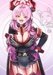 1girl black_coat black_dress blue_archive bra breasts cleavage coat creatures_(company) demon_girl demon_horns dress fangs game_freak garter_belt gen_1_pokemon halo highres holding holding_pendulum horns huge_breasts hypno hypnosis i-nn long_sidelocks looking_at_viewer messy_hair mind_control mole mole_on_breast necktie nintendo open_mouth pendulum pokemon pokemon_(creature) red_bra satsuki_(blue_archive) smile solo thighhighs thighs underwear very_long_sidelocks zettai_ryouiki